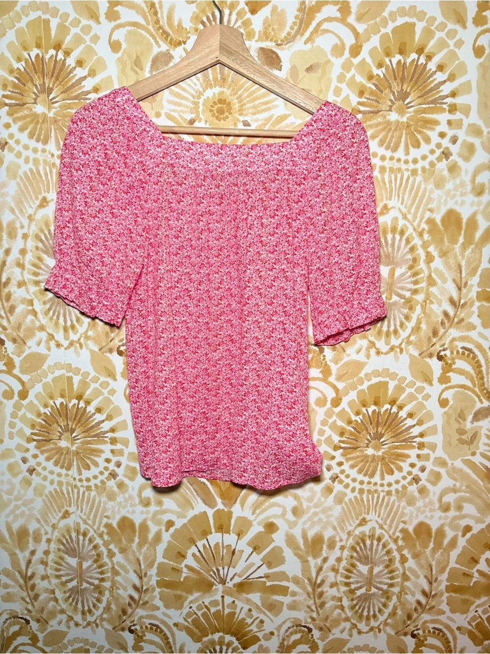LOFT Pink Floral Puff Sleeve Blouse | Square Neck Feminine Cottagecore Top